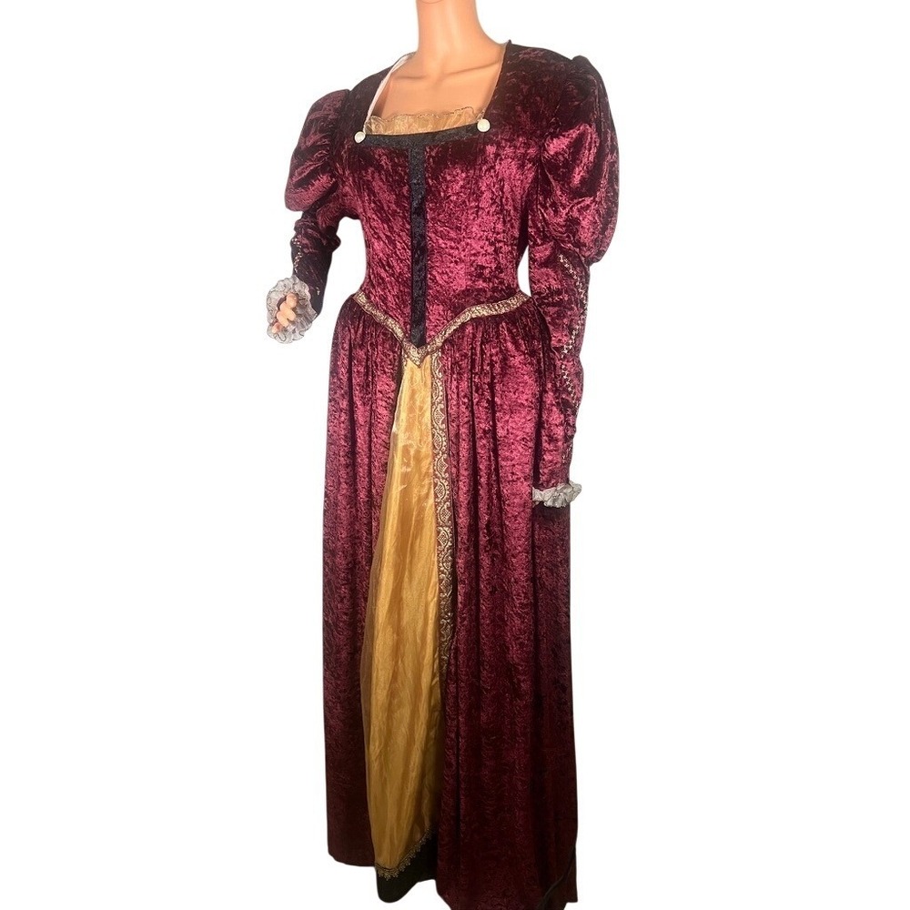 Medieval Costume Renaissance Velvet Gown Burgundy Gold Dress Theater Queen AS IS